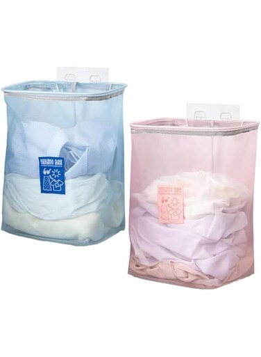 Azonee Mesh Hanging Laundry Hamper Bag Saving Space Laundry Bag Wall Hanging Laundry Basket Hamper Wide Open Top Dirty Clothes Basket for Bathroom, Storage, Wall, Closet, Machine Washable, 2 Pack