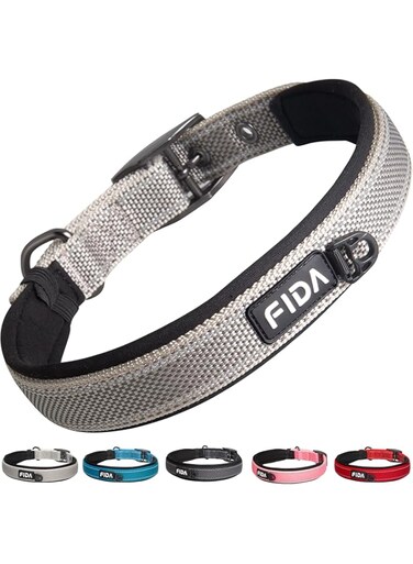 Fida Heavy Duty Dog Collar, Ultra Comfortable Soft Neoprene Padded, Adjustable Reflective Nylon Pet Collar with Durable Metal Belt Buckle for Large Breeds (L, Grey)