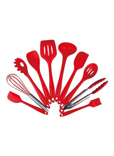 Nonstick Cooking Utensils Set Red Ladle 1x3.5, Pasta Fork 1x2.2, Spoonula 1x2.4, Slotted Spoon 1x2.4, Tong 1x1.6, Turner 1x2.8, Large Spatula 1x2.2, Whisk 1x2.4, Small Spatula 1x1.6, Basting Brush 1x1.3inch