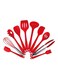 Nonstick Cooking Utensils Set Red Ladle 1x3.5, Pasta Fork 1x2.2, Spoonula 1x2.4, Slotted Spoon 1x2.4, Tong 1x1.6, Turner 1x2.8, Large Spatula 1x2.2, Whisk 1x2.4, Small Spatula 1x1.6, Basting Brush 1x1.3inch