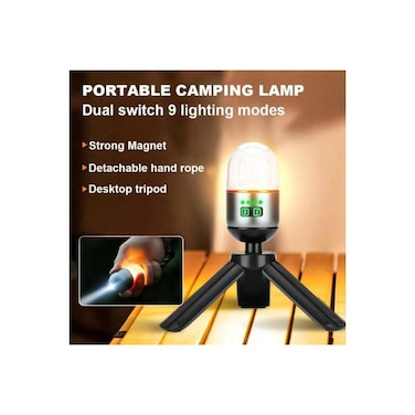 Portable LED Camping Lamp with 9 Modes, Strong Magnet, Detachable Rope &amp; Stable Tripod Stand