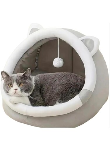 Cat Beds for Indoor, Small Dog Kitten Bed, Semi-Enclosed Kitty Cat Cave Bed with Plush Ball Large Space for Cats to Sleep Soft Comfortable Cat Bed #petbed #cathouse #pethouse