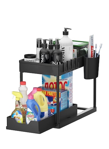 COOLBABY Under Sink Organizer 2-Tier Multifunctional Large Capacity Kitchen Under Sink Organizer and Storage Easy Access Sliding Storage Drawer