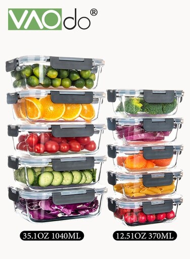 20PCS Glass Food Storage Container with Lids, Glass Meal Prep Containers, Airtight Glass Lunch Bento Boxes, Microwave Freezer Dishwasher and Oven Safe, Leak-Proof, BPA-Free Black 1040ML and 370ML