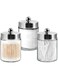 Komashr 3PC Apothecary Jar Canisters Bathroom Vanity Organizer - Qtip Holder Storage Countertop &amp; Stainless Steel Lids &amp;Cute Stickers for Qtips,Cotton Swabs,Makeup Sponges,Floss (Brushed Nickel)
