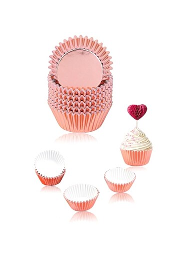 Sweet seven Rose Gold Foil Metallic Cupcake Liners - 100 Pack Muffin Wrappers, Baking Cups in Elegant Rose Gold Shade for Stunning Treats!