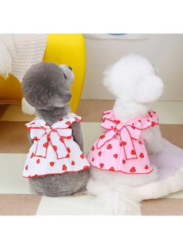 2 Pcs Dog Dresses for Puppy Tutu Skirt Strawberry Print Dog Dresses Cotton Summer Clothes Birthday Outfit (Pink+White, S)