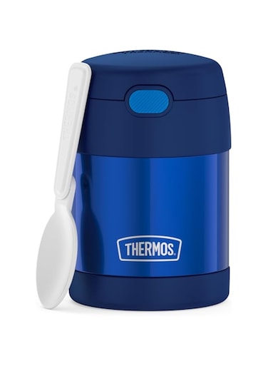 THERMOS FUNTAINER 10 Ounce Stainless Steel Vacuum Insulated Kids Food Jar with Folding Spoon, Navy