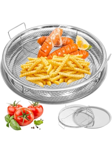 Air Fryer Basket for Oven, 2 Pcs Set Round Silver, 12.9'' Non-Stick Stainless Steel Mesh Air Fryer Baking Tray Accessories, Rack Roasting Grill Basket for Convection Oven Air Fryer, Dishwasher Safe