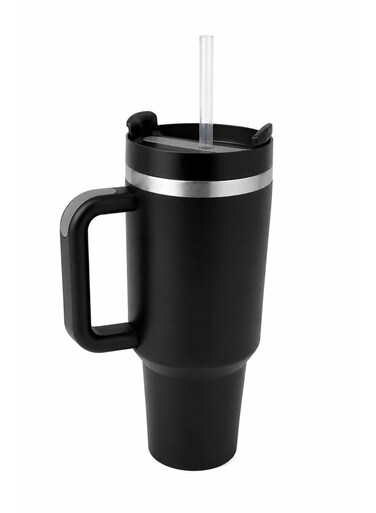 Stainless Steel Vacuum Insulated Tumbler with Handle &amp; Straw &acirc;&euro;&ldquo; BPA Free Leak Resistant Travel Mug for Water, Coffee, Iced Tea &amp; Smoothies &acirc;&euro;&ldquo; Cup Holder Friendly Reusable Thermal Flask, Black, 40oz
