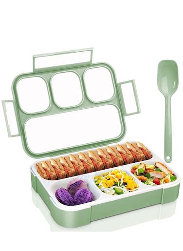Leak Proof 4 Compartment Lunch Box for Kids School Reusable Microwave Freezer Safe Food Tiffin Box Containers with Spoon, Office Lunch Box For Adults and Kids, Green - 1000ML