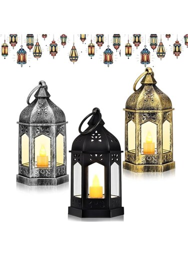 Aowin Candle Lantern Ramadan Decorations,Vintage Led Lantern Mini Night Light Table Lamps Crafts Hanging Lantern Holiday Party Home Decor,Eid Mubarak Decor (Set of 3 Silver Black Gold)