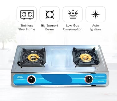 2 Burner Gas Stove with Auto Ignition &ndash; Low Gas Consumption, Toughened Stainless Steel Top, Heavy-Duty Pan Supports &amp; Ergonomic Knob System