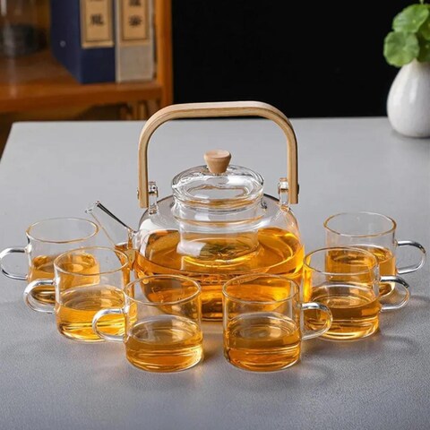 Homotronics Borosilicate Glass Teapot 1000ml with Glass Infuser & Bamboo Handle  Kettle – Elegant Clear Glass Teapot for Loose Leaf, Flower, and Herbal Tea