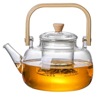 Borosilicate Glass Teapot 1000ml with Glass Infuser &amp; Bamboo Handle  Kettle &ndash; Elegant Clear Glass Teapot for Loose Leaf, Flower, and Herbal Tea