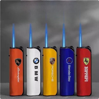 5 Piece Windproof Lighter Set with Luxury Car Brand Logos &ndash; Cool Design Refillable Lighters for Men &ndash; Stylish Flame Lighters Gift Box for Car Enthusiasts, Collectors &amp; Smokers
