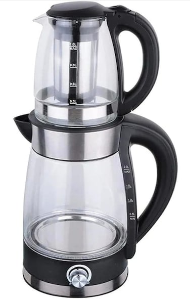 2 in1 Glass Electric Tea Maker with Electric Kettle 2200W, UK Strix Controller, German Glass Technology, Stainless Steel Clear Transparent