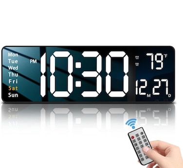 Digital Wall Clock with Large 16.2 Inch LED Display &ndash; Auto Brightness Adjustment, Remote Control, Memory Function, 12/24H Format, Sleek Modern Clock