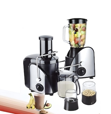 4 in 1 Juicer Blender Grinder Combo &ndash; 1.5L Food Processor with Juicing, Blending, Grinding &amp; Chopping Functions &ndash; Stainless Steel &amp; Black with Large Smoothie Jar and Dry Mill Cup