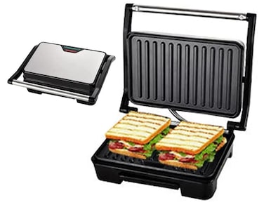2 Slice Contact Grill &amp; Panini Press &ndash; Non-Stick Stainless Steel Sandwich Maker with Cool-Touch Handles, Power &amp; Ready Indicator, Overheat Protection for Grilling Sandwiches, Paninis, Wraps