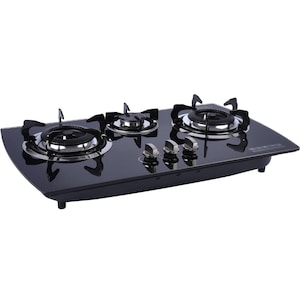 3 Burner Gas Stove with Tempered Glass Top – Heavy Duty Cast Iron Burners, Heat Resistant High Efficiency Cooktop, Portable Manual LPG Stove for Home Kitchen