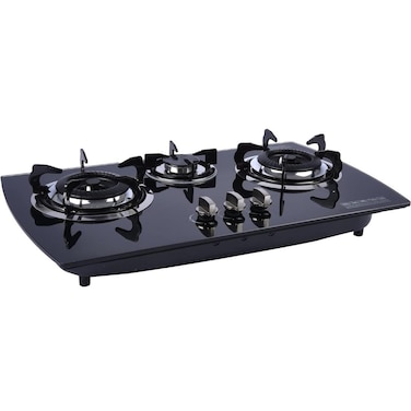 3 Burner Gas Stove with Tempered Glass Top &ndash; Heavy Duty Cast Iron Burners, Heat Resistant High Efficiency Cooktop, Portable Manual LPG Stove for Home Kitchen