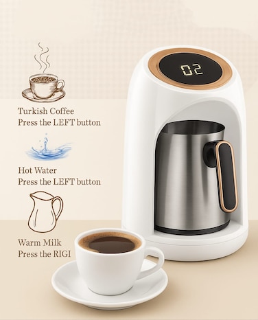 3 in 1 Turkish Coffee Maker &ndash; White Portable Kettle Pot for Coffee, Milk &amp; Water   Stainless Steel   Dual Heating Modes  Auto Shut-Off   Ideal for Frothing Milk, Hot Drinks