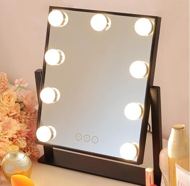 Vanity Mirror with 9 LED Bulbs – 3 Light Modes, Adjustable Brightness, 360° Rotating Makeup Mirror with Smart Touch & USB Rechargeable