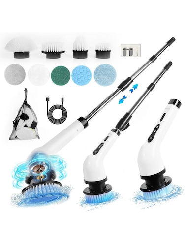 9 in 1 Electric Spin Scrubber, Cordless Cleaning Brush with 9 Replaceable Brush Heads and 54 Inch Adjustable Extension Arm, Power Shower Scrubber for Bathroom, Kitchen, Floor, Tile, Tub