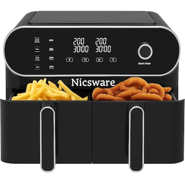 NicswareDual Basket Digital Air Fryer &ndash; 5.5L Capacity, Independently Controlled Chambers, 6 Cooking Programs, LED Display, Air Fry, Bake, Roast Broil, Reheat &amp; Dehydrate
