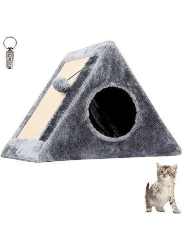 PETSARY Triangle Shaped Cat Scratcher Tent House and 1 Pcs Pet ID Tag - Pyramid Cat Bed &amp; Sisal Scratch Pad with Plush Ball - Foldable Dual Sided Scratching Pet Nest House for Small Medium Cats (Grey)