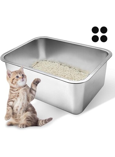 VCEPJH Stainless Steel Litter Box for Cats Metal Litter Pan with High Sides for Odor Control Non Stick Easy to Clean Rustproof (15.7'' x 11.8'' x 5.9'')
