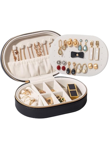 ProCase Travel Jewelry Organizer Box, Small Jewelry Organizer for Earrings Bracelet Necklace Ring, Compact Jewelry Storage Case for Women Girls -Black