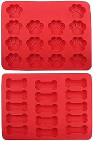 2-Pack Silicone Dog Tray Mold (one tray with bones, one tray with paws) Treats For Pets - Red