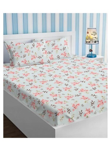 HOME Premium Glace Cotton 180 TC KING Fitted Bedsheet Set with 2 Pillow Covers 183x198 +25 Cms &acirc;&euro;&ldquo; Soft Blue-72*78+10 INCH