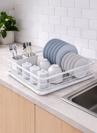 Single Tier Dish Rack with Drain Tray &amp; Utensil Holder (T114611) &acirc;&euro;&ldquo; Rust Resistant Iron Wire &amp; Carbon Steel Dish Drainer, Space-Saving Countertop Drying Rack for Plates, Bowls, Cups &amp; Cutlery &acirc;&euro;&ldquo; White 43&Atilde;&mdash;31&Atilde;&mdash;14cm