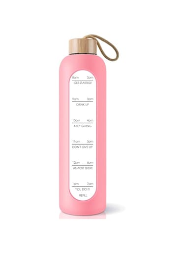 Arabest Glass Water Bottle, 32 Oz Borosilicate Glass Water Bottle with Time Marker, Leak Proof BPA Free Motivational Water Bottle with Silicone Sleeve and Bamboo Lid for Sports, Outdoors (Pink)