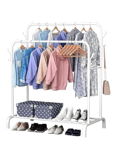 LUKSYOL Clothes Rack - Premium Metal Clothes Hanger Stand with Storage Shelf for Coats, Shoes, and More - Durable and Stylish Organizer for Bedroom and Bathroom Use double pole white with hook