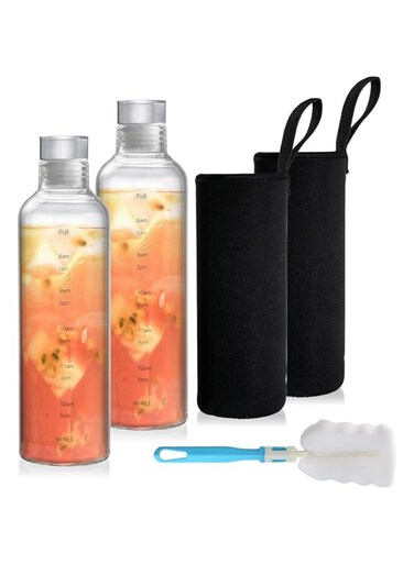 2 Pack Glass Water Bottles With Time Marker, Glass Water Bottles with Sleeve, 18oz Glass Bottles with Lids, Beverage Bottle with Hydrating Reminder Reusable Drinking Bottles for Hot and Cold Drinks