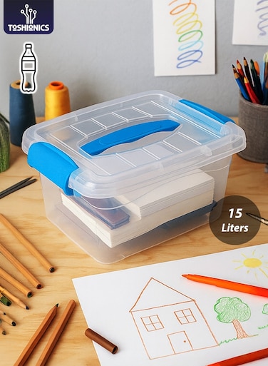 15 Liters Premium Clear Plastic Storage Box with Lockable Lid, Carry Handle &amp; Clip Locks T114629 &acirc;&euro;&ldquo; Stackable Transparent Organizer Bin for Clothes, Toys, Tools &amp; Home Storage (34&Atilde;&mdash;25&Atilde;&mdash;21 cm)