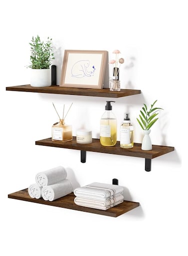 upsimples Floating Shelves for Wall Decor Storage, Sturdy Small Wood Wall Mounted Shelves Set of 3 with Metal Brackets Hanging for Bedroom, Living Room, Bathroom, Kitchen, Book, Dark Brown