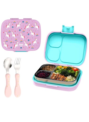 Attack Leakproof Bento Lunch Box for Kids &acirc;&euro;&ldquo; 3 Compartments   Unicorn Design   Food-Grade with Silicone Seal   Toddler Girls&acirc;&euro;&trade; Lunch Container with Spoon &amp; Fork