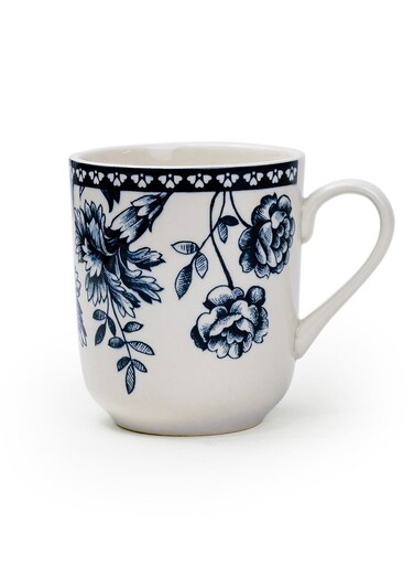 Rhapsody 370ml Dark Blue Floral Pattern Ceramic Mug, White (Set of 1)