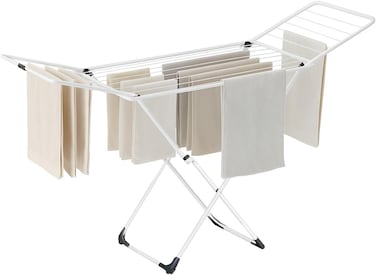 Clothes Drying Rack, Metal Laundry Drying Rack, Foldable, Space-Saving, Free-Standing Airer, with 2 Gullwings, Indoor Outdoor Use