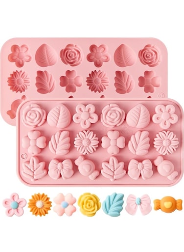 Flower Chocolate Molds, 18-Cavity Daisy Rose Tulip Bow Leaf Silicone Candy Mold for Gummies, Cupcake Toppers, Cake Decorating