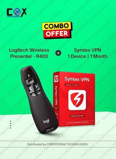 Logitech R400 Wireless Presentation Remote, 2.4 GHz, USB-Receiver, Red Laser Pointer, 15-Meter Operating Range, 6 Buttons, Intuitive Slideshow Control, Battery Indicator, PC Black + Symlex VPN   1 Devices 1 Month   Digital License   Same Day Delivery   Combo Pack