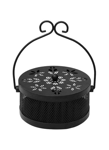 DELFINO Mosquito Coil Box, Iron Holder Household Censer Repellent Incense Coil Durable Burner Handle Classical Design Portable Metal Retro Round Household Easy to Carry with Lid (Black)