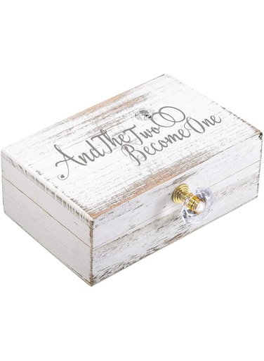 Hicarer Wedding Ring Box Ring Bearer Box And Then Two Become One Mr. and Mrs. Diamond Wooden Wedding Ring Box Holder for Wedding Decor Elegant Wedding Gift Box, 5W x 6D x 2H (White)