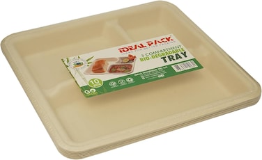 Ideal Pack 3 Compartment Bio Degradable Tray, Pack of 10pcs, Light Brown