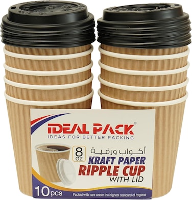 Ideal Pack Kraft Paper Ripple Cup with Lid, 8oz, Pack of 10pcs, Brown &amp; Black